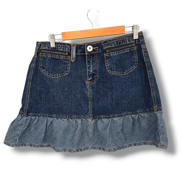 Baccini Denim Mini Skirt Ruffle‎ Hem Y2K Pockets Dark Wash Size 10 - Picture 1 of 7